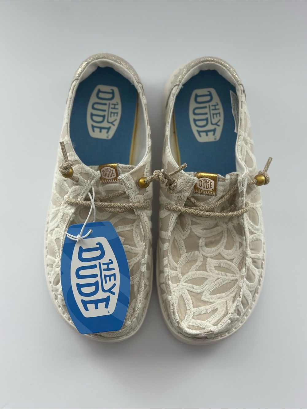 Hey Dude Wendy Metallic Lace Cream Slip-On Shoes Embroidered Lace Women’s US 6